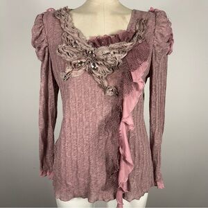 Pretty angel linen blend Elegant Pink Ruffled Women's Top S